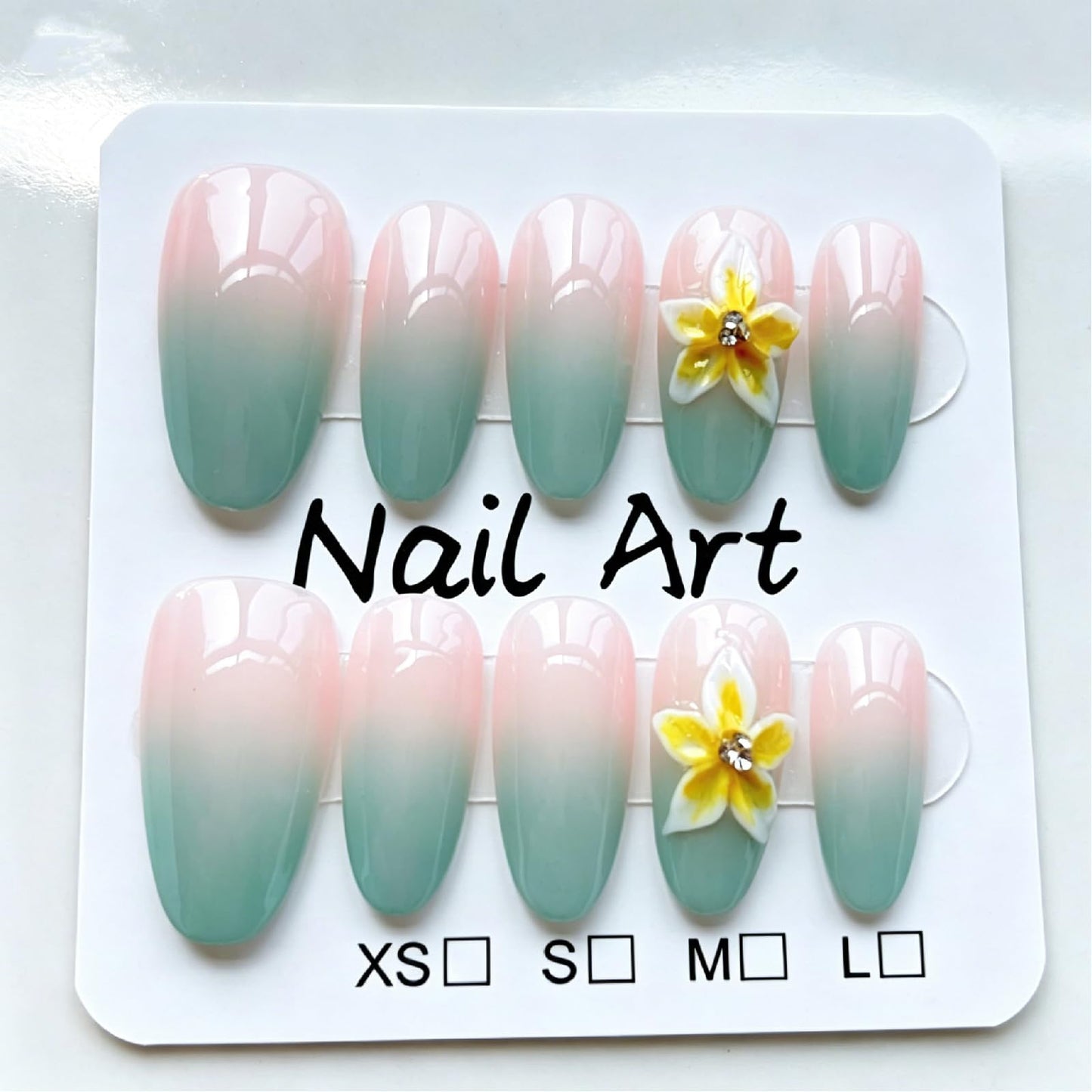 Threelegscat Summer Almond Handmade Press on Nails Medium 10PCS, Green Gradient Floral Fake Nails, Reusable Acrylic Nail Art Tips Forr Women Daily Wear Size M