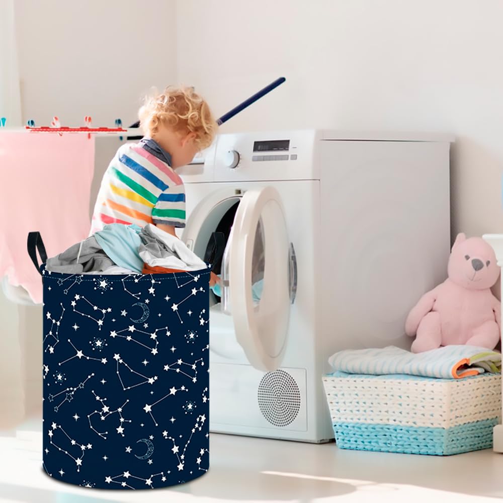 CLOCOR Large Blue Round Laundry Hamper,Kids Toy Storage Basket,Baby Dirty Clothes Nursery Hamper for Boys and Girls,Bedroom,Bathroom,Gift Basket(Starry Sky)