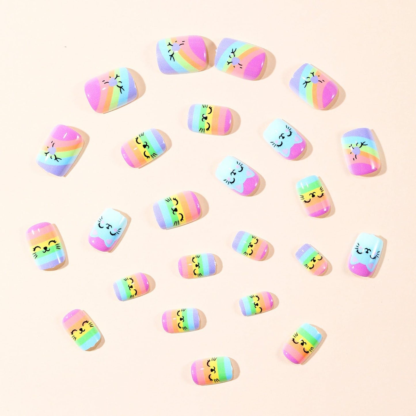 Short Press on Nails Cute Cat Fake Nails with Rainbow Stripes Design Square Shape Acrylic Nails Spring Summer Glue on Nails Glossy False Nails Holiday Full Cover Stick on Nails for Women Manicure