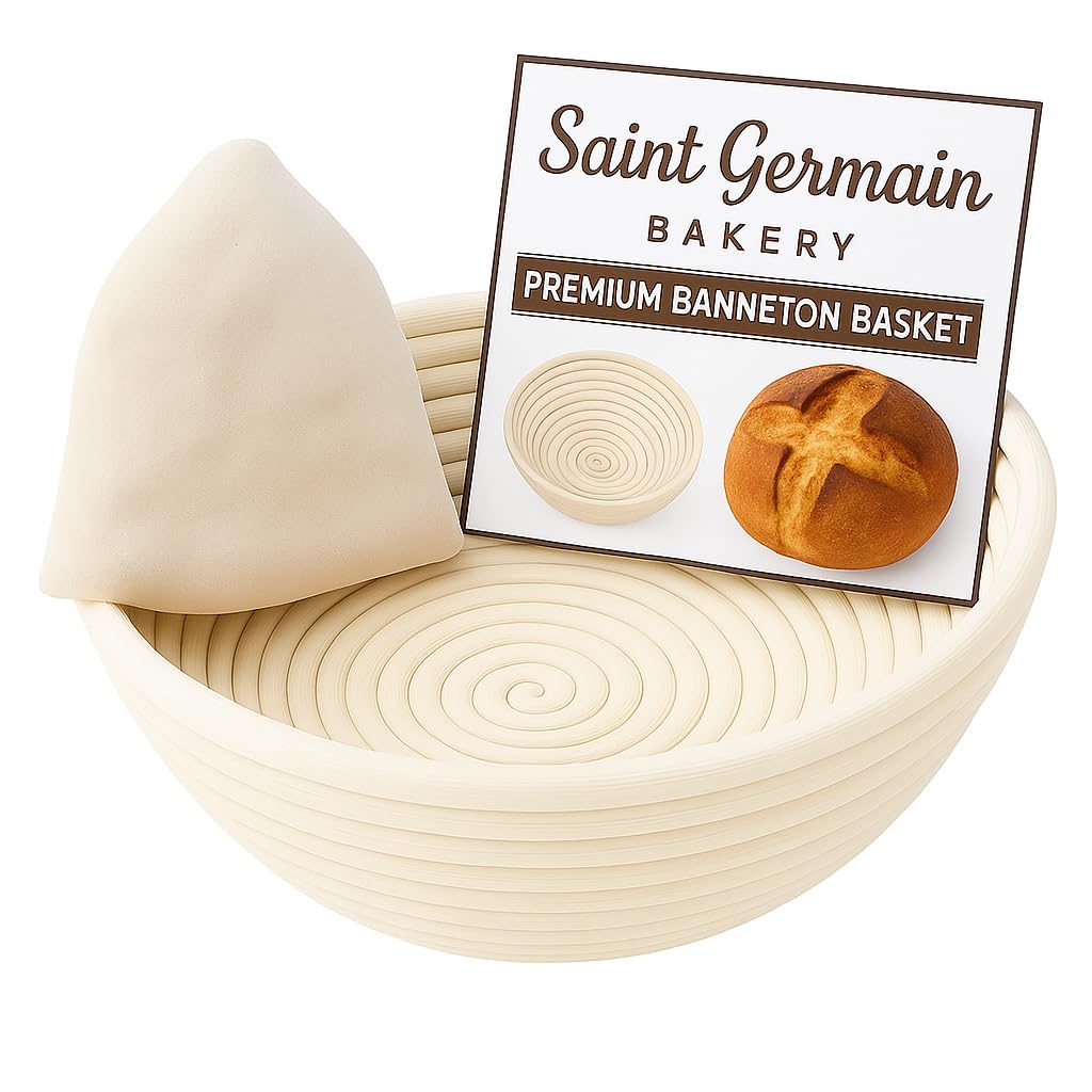 Saint Germain Bakery Premium Round Bread Banneton Basket with Liner - Perfect Brotform Proofing Basket for Making Beautiful Bread (10 inch)