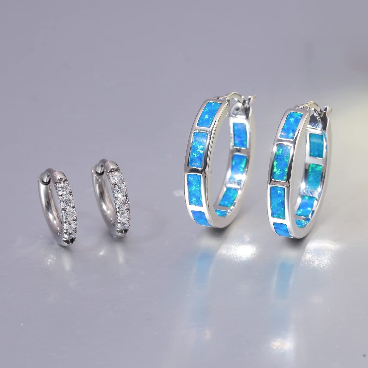 CiNily 2 Pairs Hoop Earring Set for Women Silver Plated Blue Opal Small Hoop Earring Hypoallergenic Cubic Zirconia Tiny Earrings