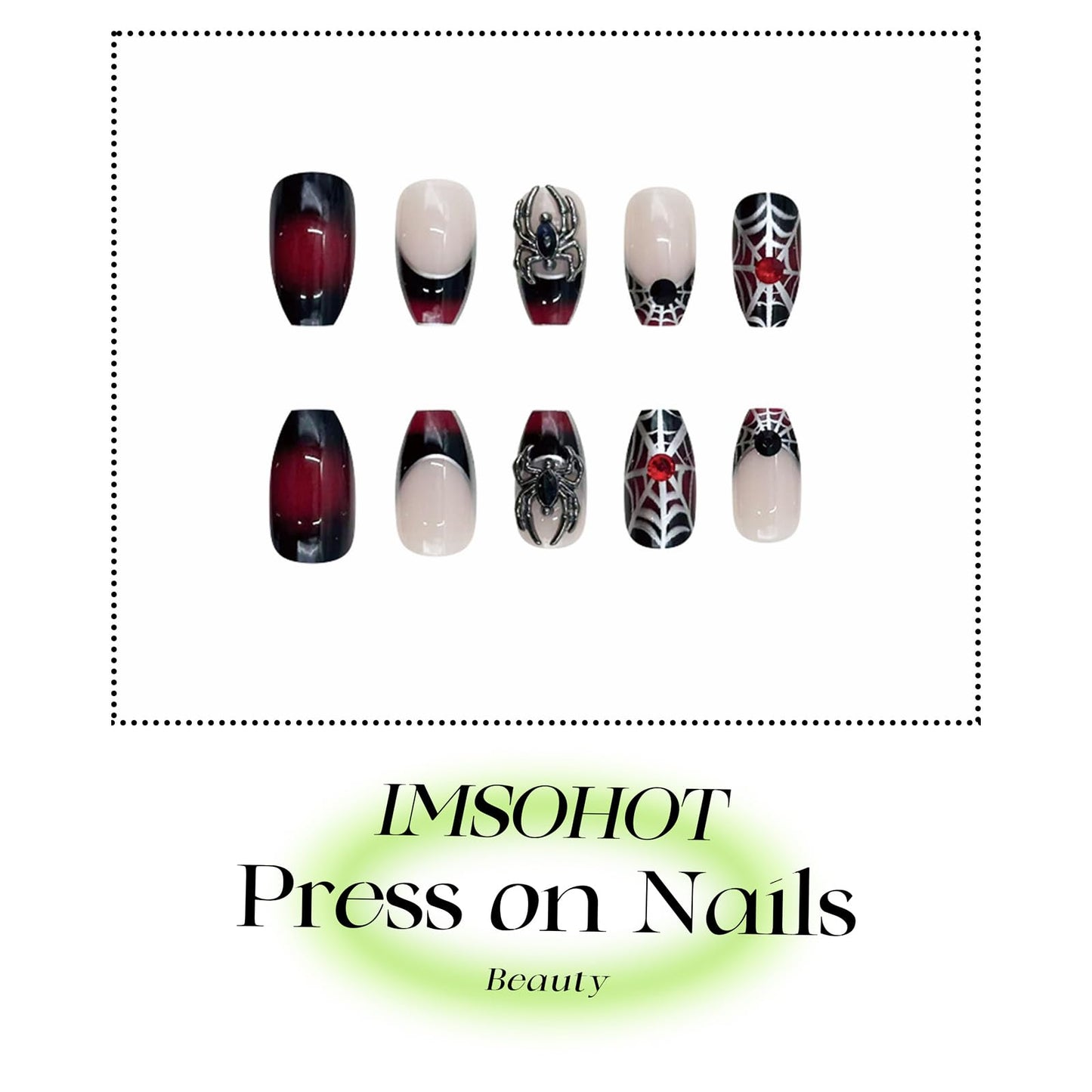 IMSOHOT Halloween Medium Coffin Press on Nails, Black Red Ombre with 3D Spider Glossy Acrylic Nails, 24PCS