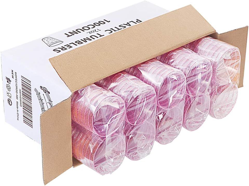 WDF 100pcs 12OZ Rose Gold Cups,Disposable Rose Gold Premium Wedding Glitter Plastic Cups Perfect for Mother's Day/Party