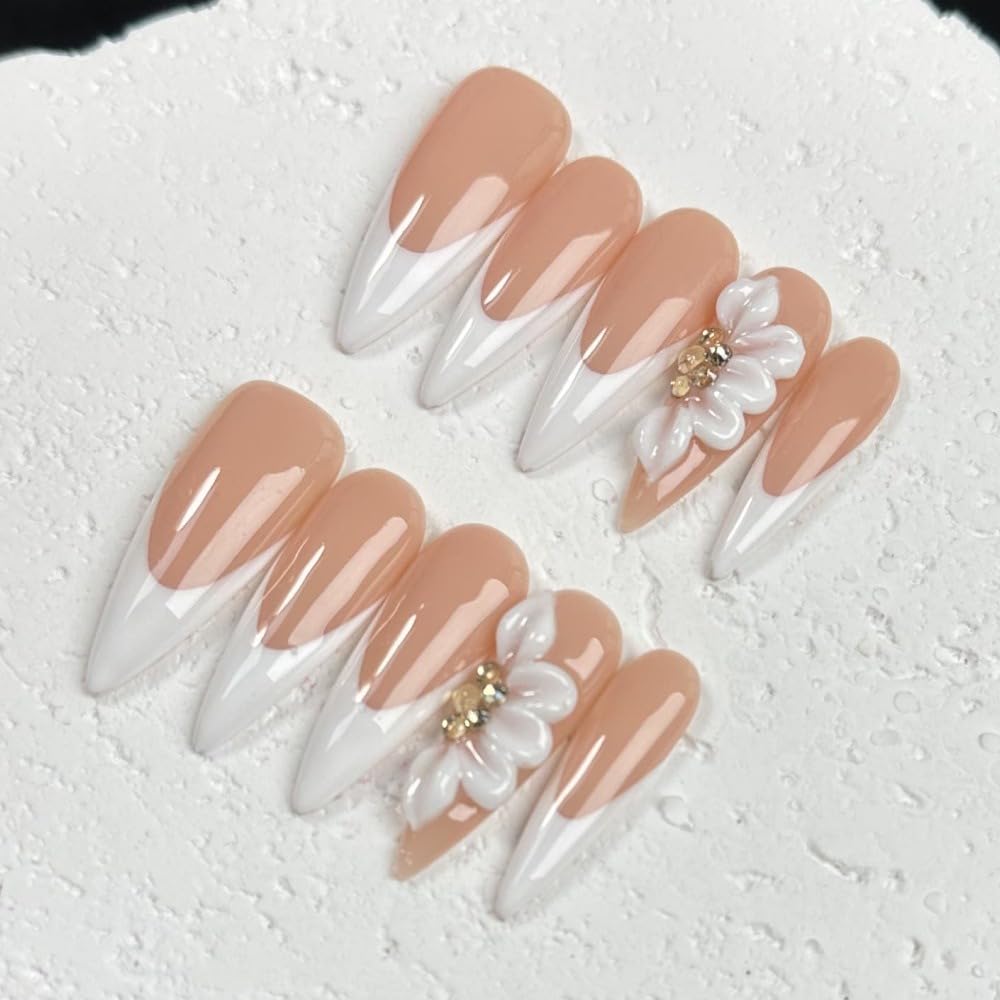 Stiletto Almond Press on Nails White French 3D Embossed Flower Fake Nails Medium Handmade Press on Nails Thick Acrylic and Muti-Layer Gel False Nails Stick on Nails DIY Art Decorate for Women (S)