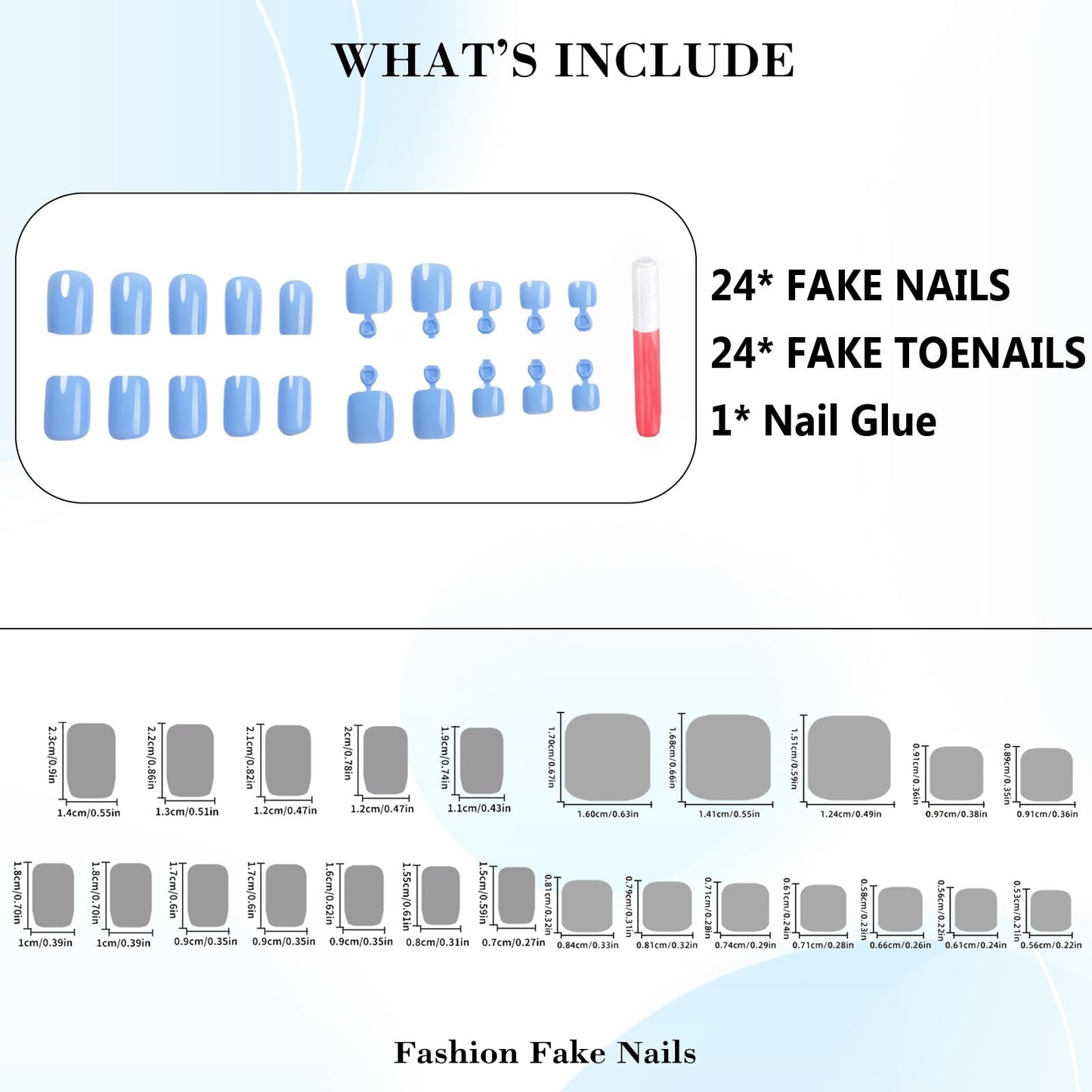 IMRAIN 48Pcs Solid Blue Press on Toenails Short Square Fake Toe Nails Full Cover Artificial Acrylic False Toenails Glossy Summer Glue on Nails for Women Girls