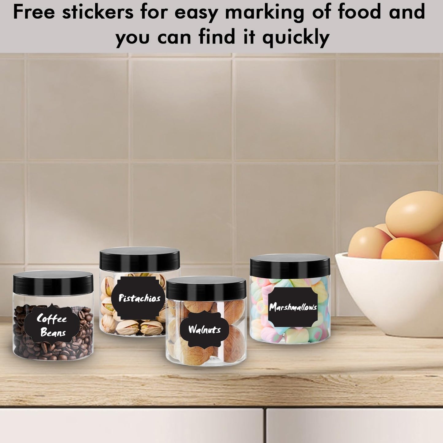 WYIPOLZI 12oz Plastic Jars with Lids, 24 Pack Clear PET Jars Containers with Black Lids, Leakproof Round Plastic Storage Jar with Pen & Labels for Dry Food Storage, Candy, Crafts