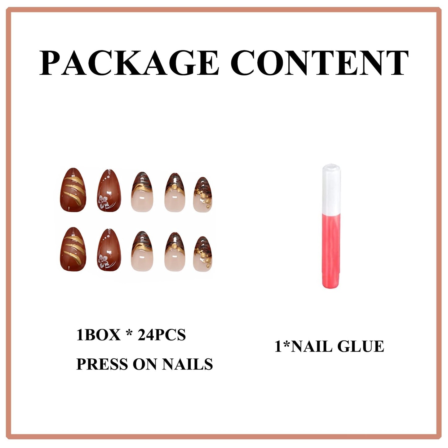 MERVF Press on Nails Almond Medium, Brown French Tip Fake Nails 3D Gold Glue ons Fall Acrylic Nail Aura Design Manicure Glossy 24pcs