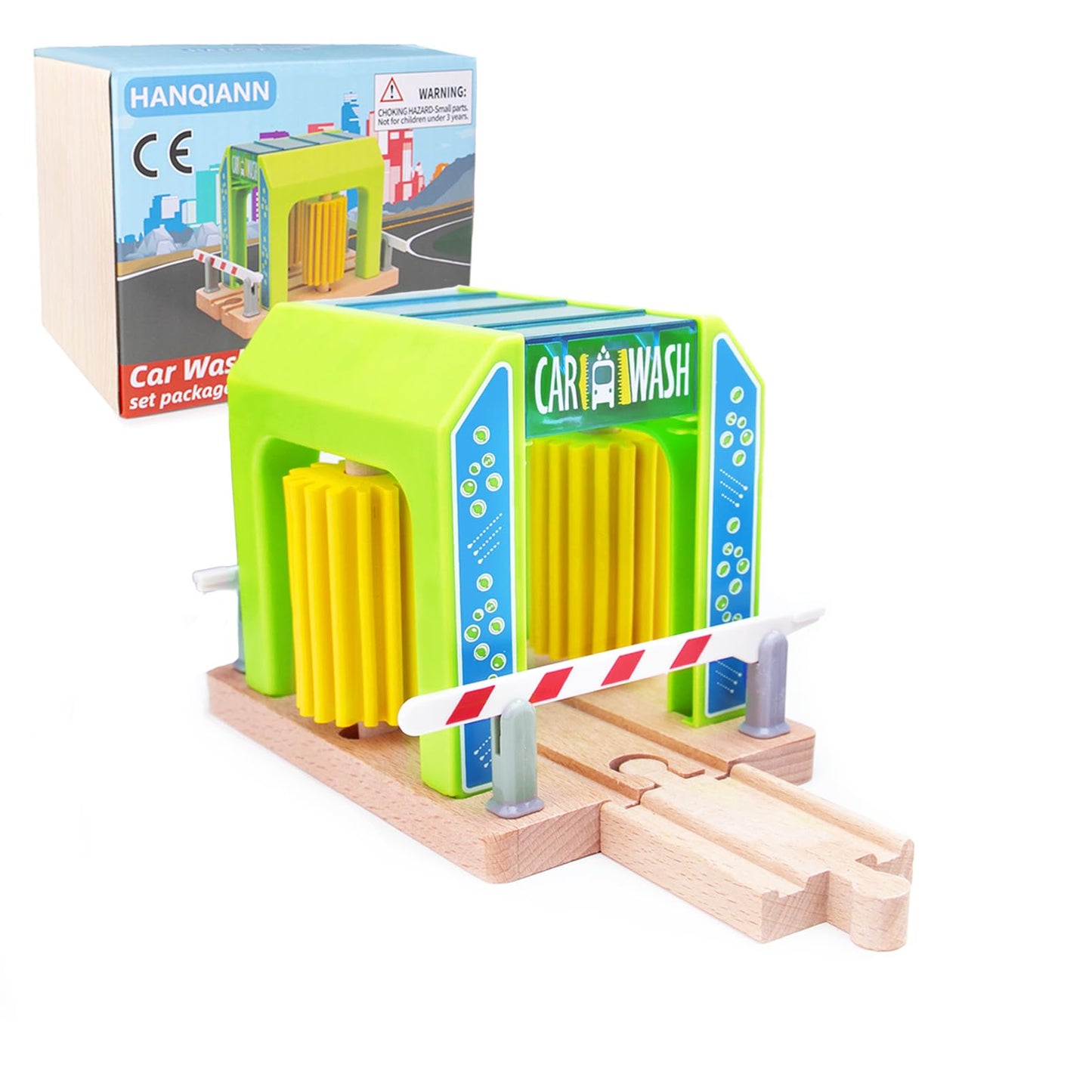 Wooden Car Wash Station with Train Truck,Expansion Pack Compatible with Railway Train Set,Wooden Toy Train Accessory for Kids Age 3 and Up