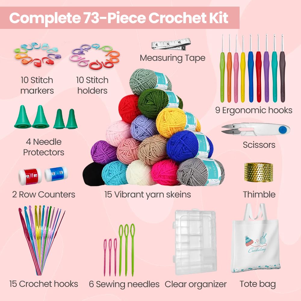 Starter Crochet Kit for Beginners Adults – 73PCS Complete Learn to Crochet Set with Yarn, Ergonomic Hooks & Accessories, Easy DIY Crochet Starter Kit, Craft Gift for Women, Teens & Adults