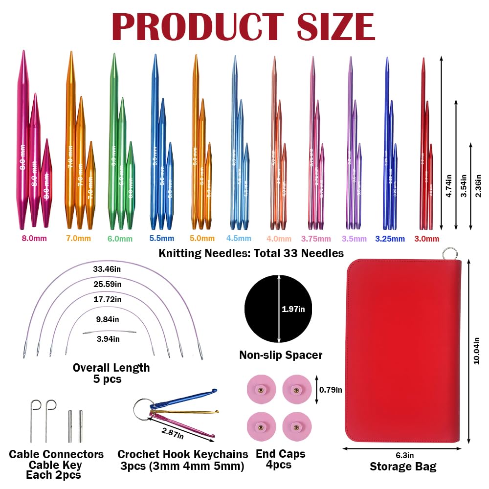 Lewhoo Circular Knitting Needles Set with Case,11 Pairs Interchangeable Aluminum Circle Needles with 5 Cables 3.0~8.0mm Multicolored