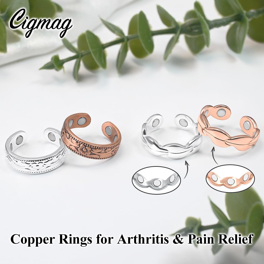 Cigmag 4PCS Copper Rings for Women Pure Copper Magnetic Ring Strong Magnet Adjustable Thumb Fingers Ring