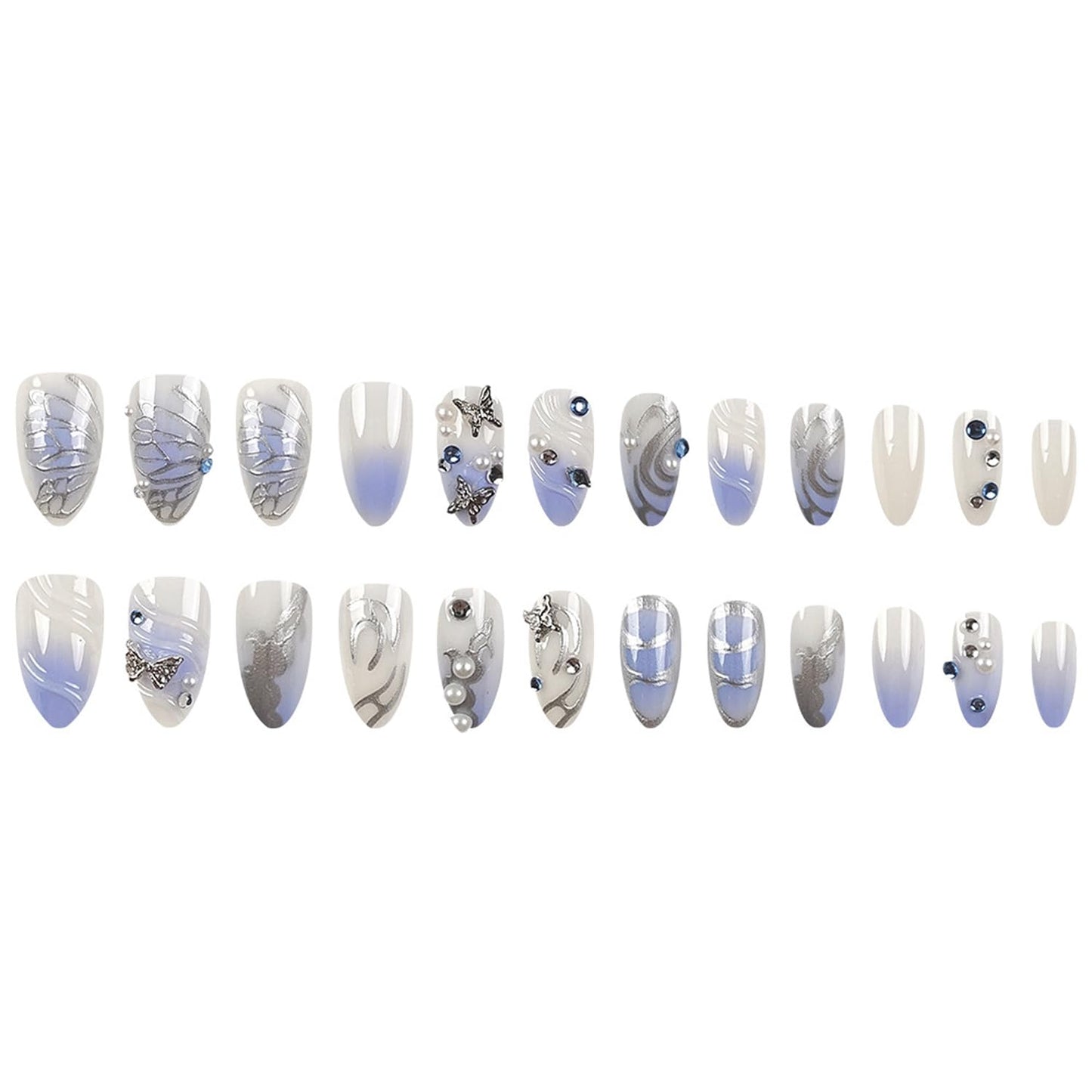 24Pcs French Tip Press on Nails Medium Almond Fake Nail with 3D Ripple Silver Irregular Stripe Pearl Design Cute Butterfly False Nail Light Color Full Cover Artificial Handmade Stick on Nail for Women
