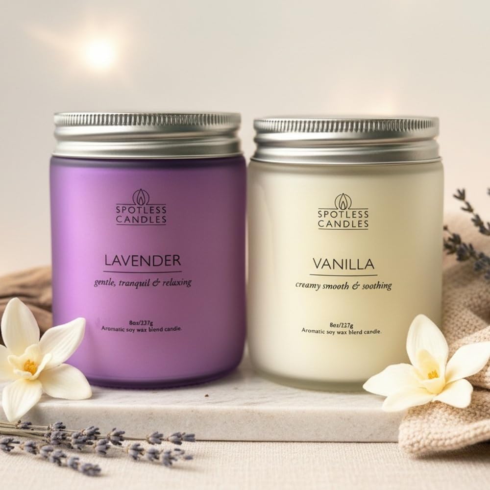 Aromatic Candles Two Pack - 2 x 8 oz Lavender & Vanilla in a Gift Pack, Classic Candle Set for Men and Women by Spotless Leopard