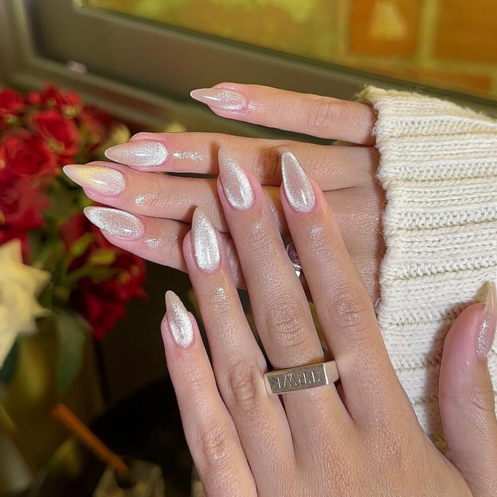 KQueenest Glitter Cat Eye Press on Nails Medium Short Almond, 30 Pcs Thick Cute Acrylic Nails Press on, Gel Fake Nails Short with UV Coating, Reusable Glue on Nails for Women Small Hand, Nude Sparkle