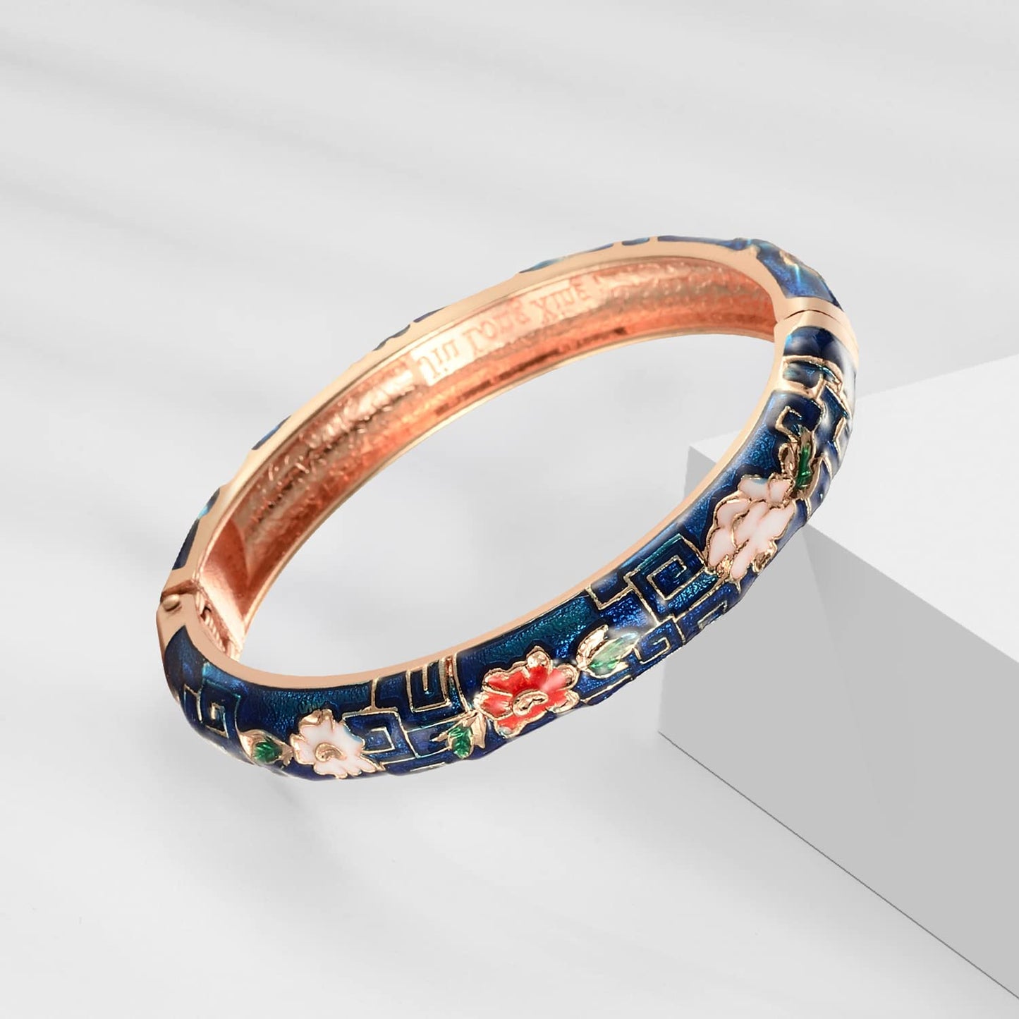 UJOY Cloisonne Bracelet Hinge Indian Cuff Bangle Enameled Jewelry Flower Bracelets for Women Gift Box 55A103-55A114 Navy Blue