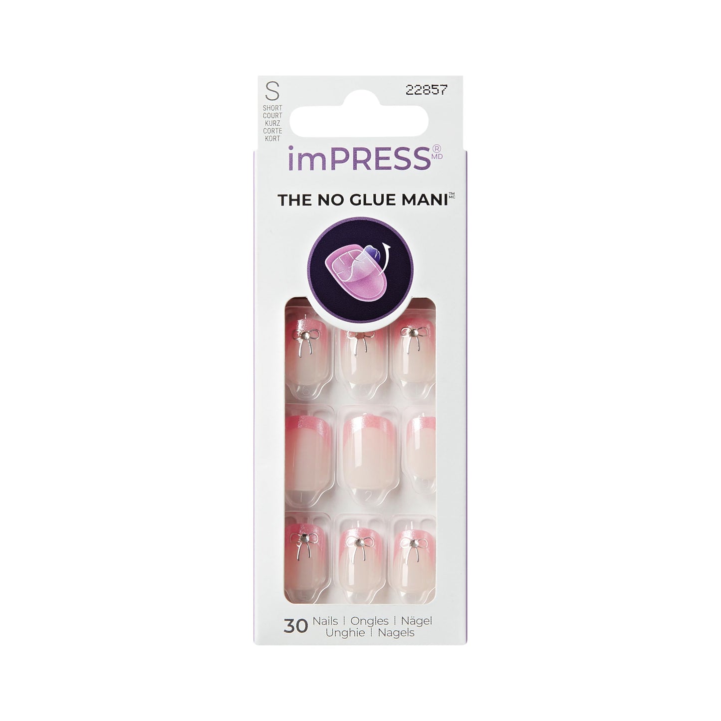 Kiss Impress No Glue Mani Press On Nails, Design, 'Soft Petals', Pink, Short Size, Squoval Shape, Includes 30 Nails, Prep Pad, Instructions Sheet, 1 Manicure Stick, 1 Mini File