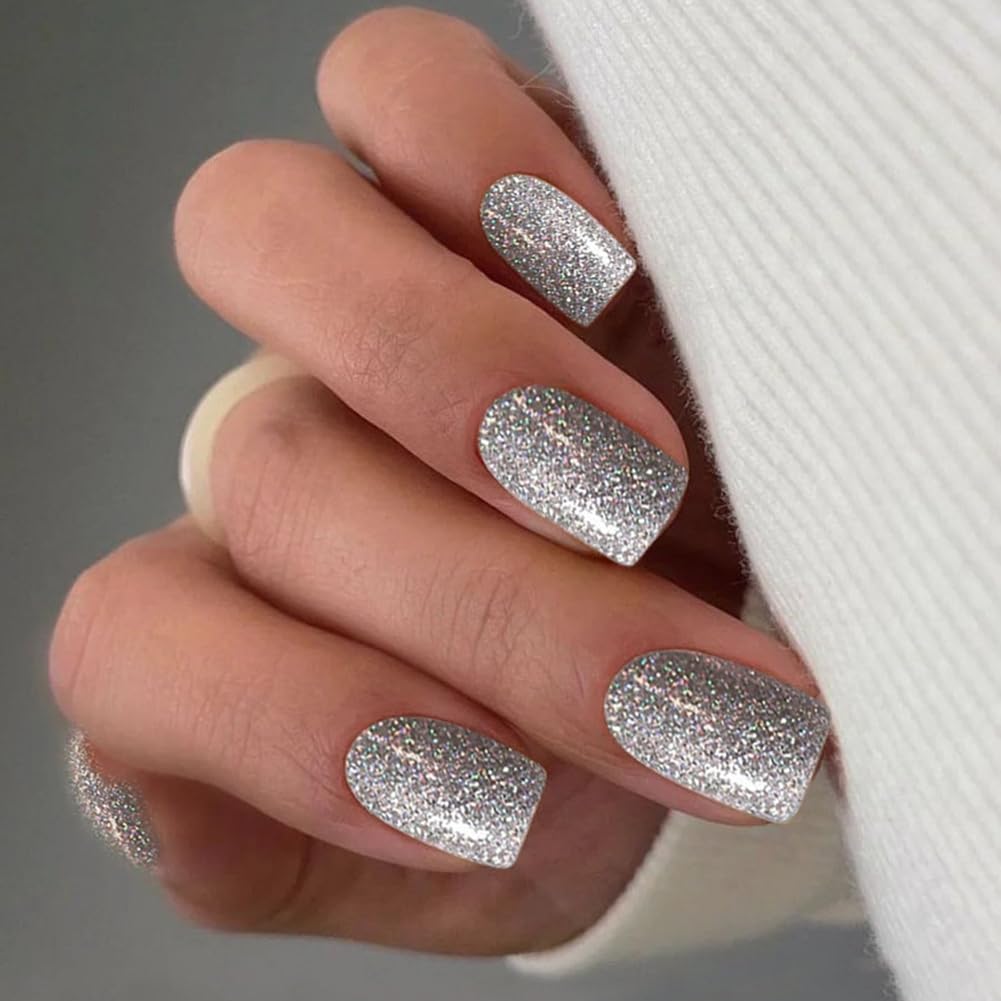 Hrnsnails Glitter Press On Nails Short Square Fake Nails with Silver Glitte Nail Press Ons Design, Artificial False Nails Press On Nail Kit Sparkly Stick On Nails for Women