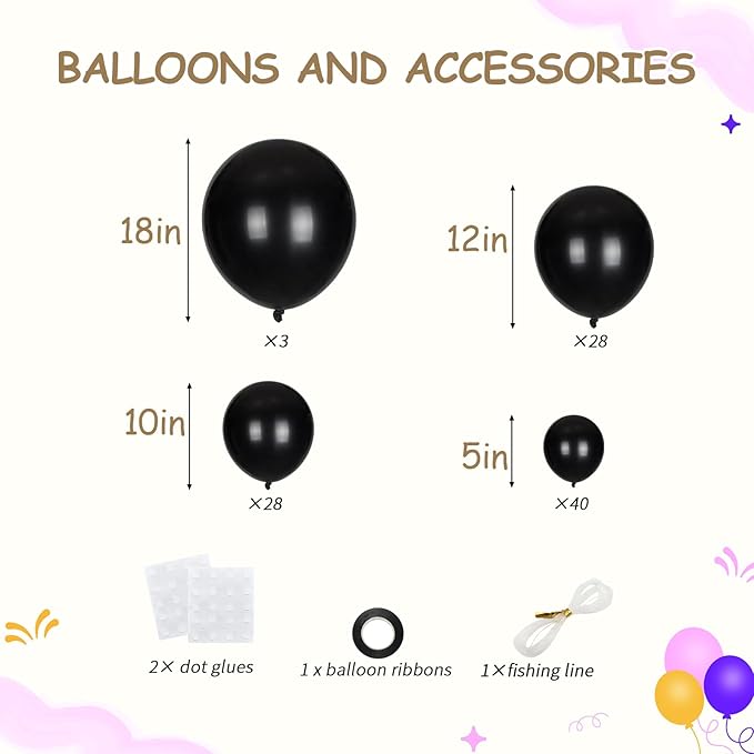 99Pcs Black Balloon Arch Kit – 18/12/10/5 Inch Matte Black Latex Balloons Garland for Halloween, Birthday, Wedding & Graduation Party Decor