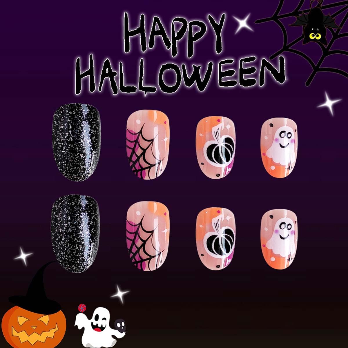 Short Oval Press on Nails Halloween Motifs Fake Nails with Ghost,Spider Web,Pumpkin Design,Full Cover Stick on Nails for Women Manicure,Reusable | Artificial | Nail Sticky Tabs | Easy Apply | 24Pcs