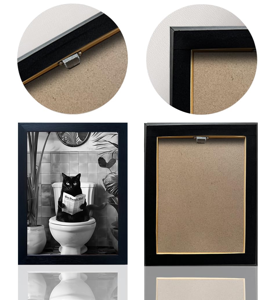 Black and White Bathroom Wall Decor Funny Black Cat Sitting on Toilet Reading Newspaper Humorous Bathroom Wall Art Small Framed Animal Canvas Print Artwork