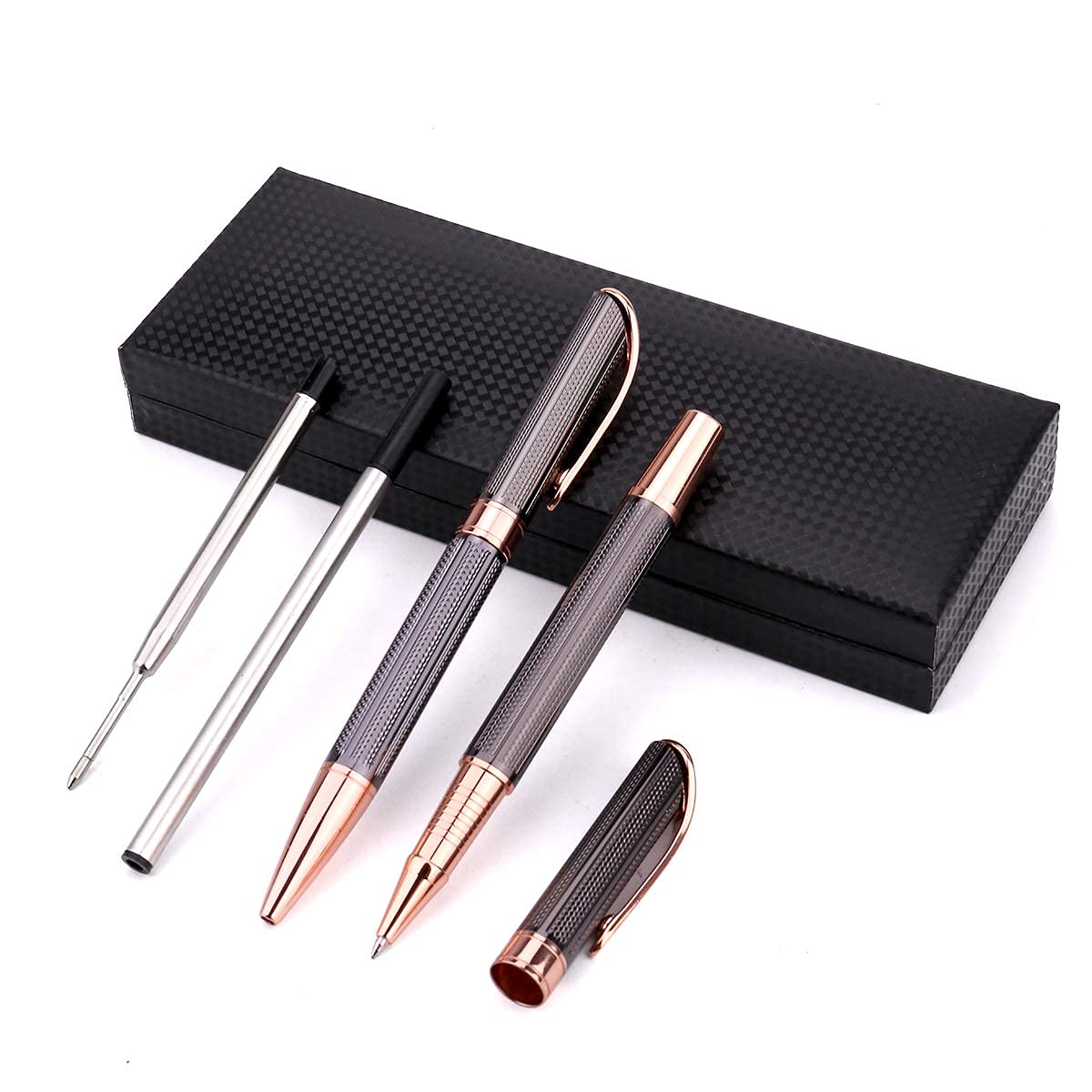 SHALORY Ballpoint and Rollerball Pen Set, Stylish Line Engraved Metal Pen Elegant Smooth Writing Gift Pen (2 Pens with 2 Extra Refills)