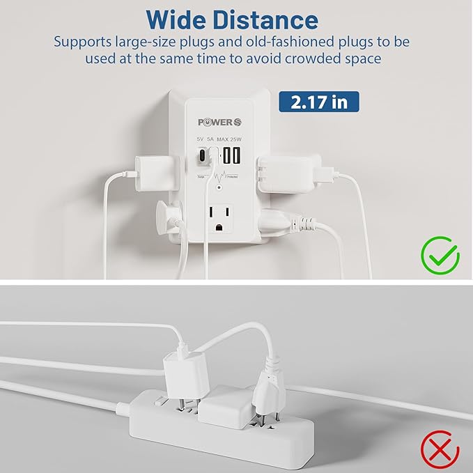 Electrical Outlet Extender with USB Ports (2C2A), Snug Wall Outlet, Surge Protector, Wall Plug Adapter for Multiple Devices, Wall Socket Expander