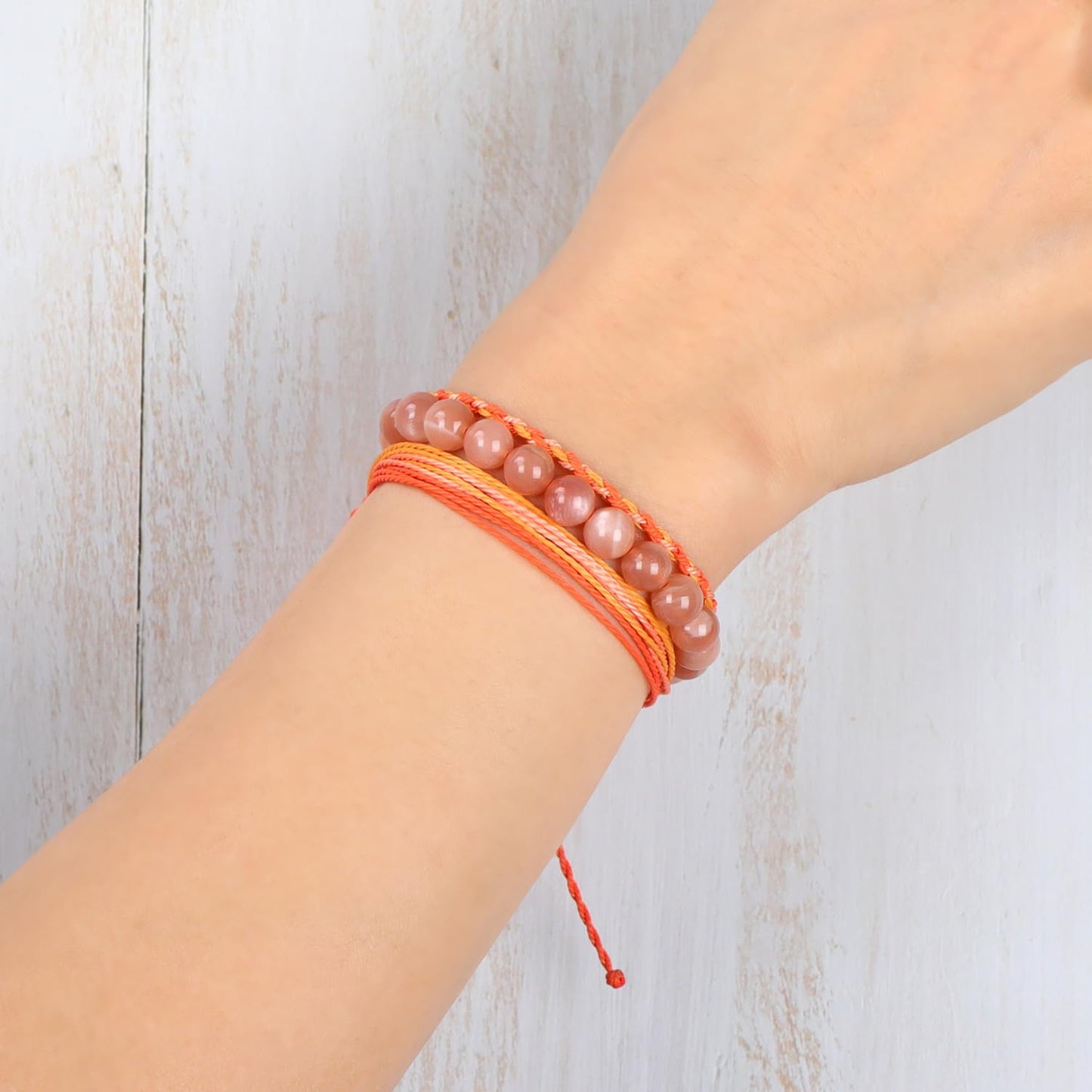 QOGIR Handmade Healing Bracelets,8mm Natural Sunstone Gem Stone Beads Bracelet for Men Women Gifts with 2PCS Size Adjustable Rope Bracelets