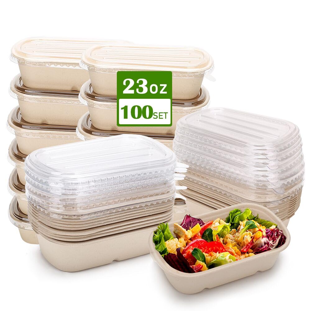 100 Pack 23 Oz Disposable Meal Prep Containers with Lids, Rectangle Paper Bowls with Lids for Salad,Leftovers, Leak-proof To Go Food Box Cardboard Lunch Box Compostable Take Out Food Containers