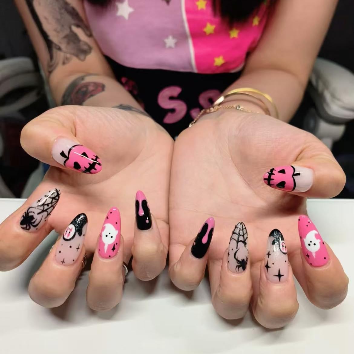 10Pcs Halloween Handmade Press on Nails Pink French Tip False Nails with Pumpkin Bat Design Stick on Nails Glossy Handmade Acrylic Glue on Nail for Women Nail Art Decoration (MT-158-M)