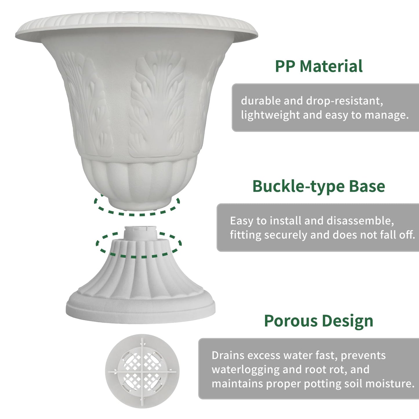 OUMUHE Set of 2 Goblet-Shaped Plastic Planter Urns, 16" H × 14.5" D Large Lightweight Durable Flower Pots, Decorative Indoor Outdoor Garden Patio Plant Containers (White)