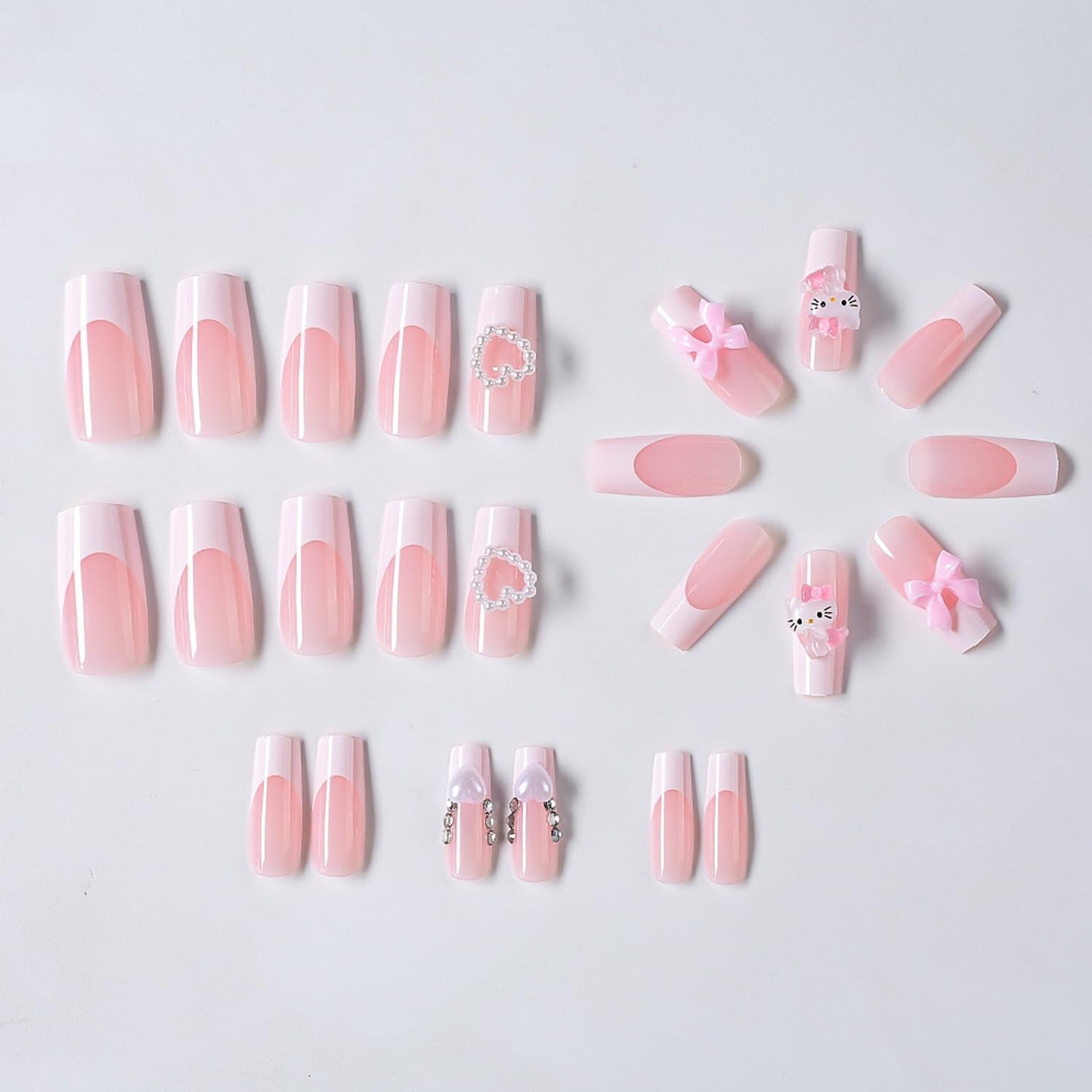 24pcs Cartoon Press on Nails Medium Square Fake Nails Heart-Shaped Bow Nails, French Tip Press on 3D Bows Heart False Nails Tips Cute Stick on Nails Full Cover Artificial Acrylic Nails for Women Decor