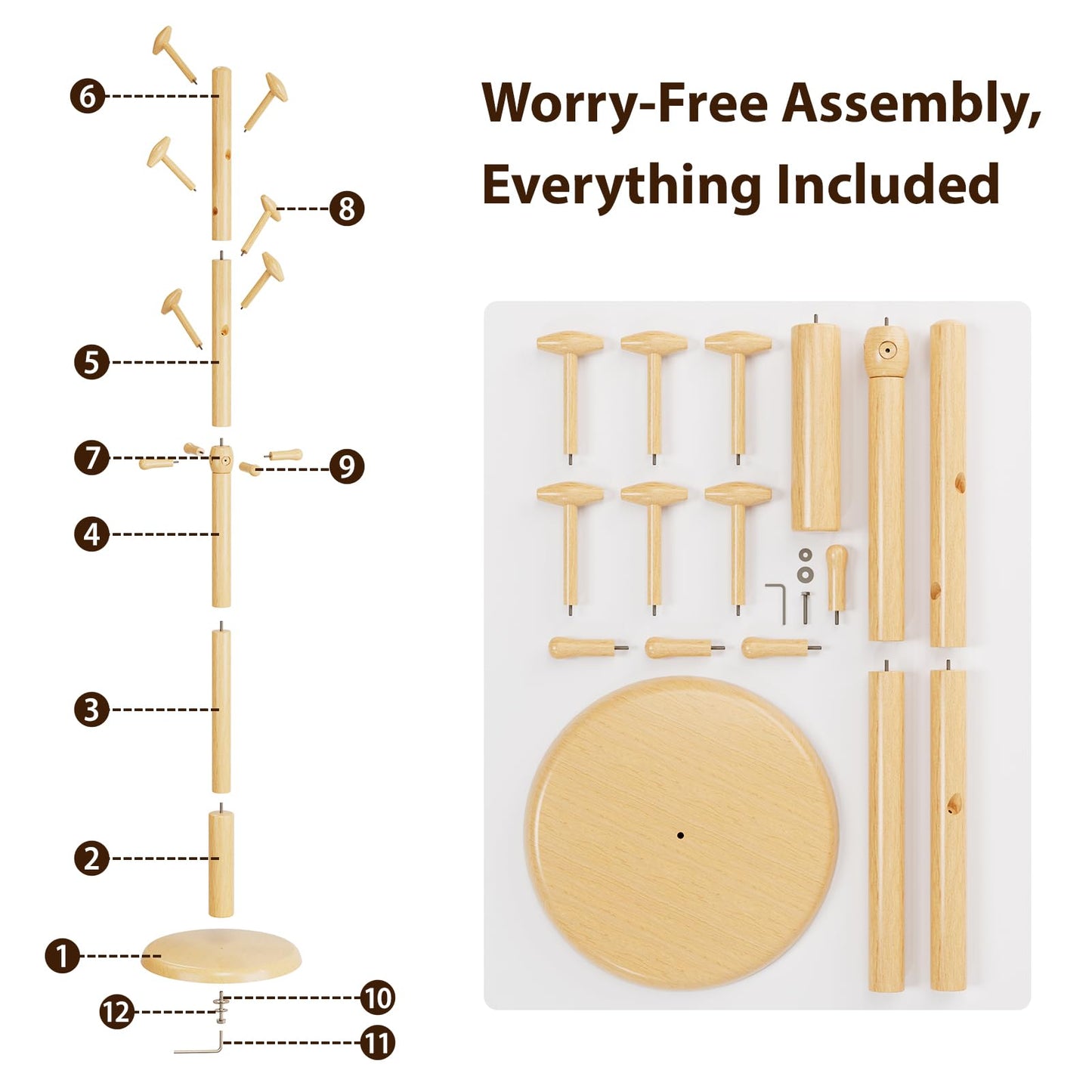 Taitiy Solid Wood Coat Rack Freestanding Coat Tree with 10 Hooks for Bedroom, Livingroom, Entryway, Sturdy Coat Hanger Stand for Hats, Coats, Scarves, Handbags, Purses