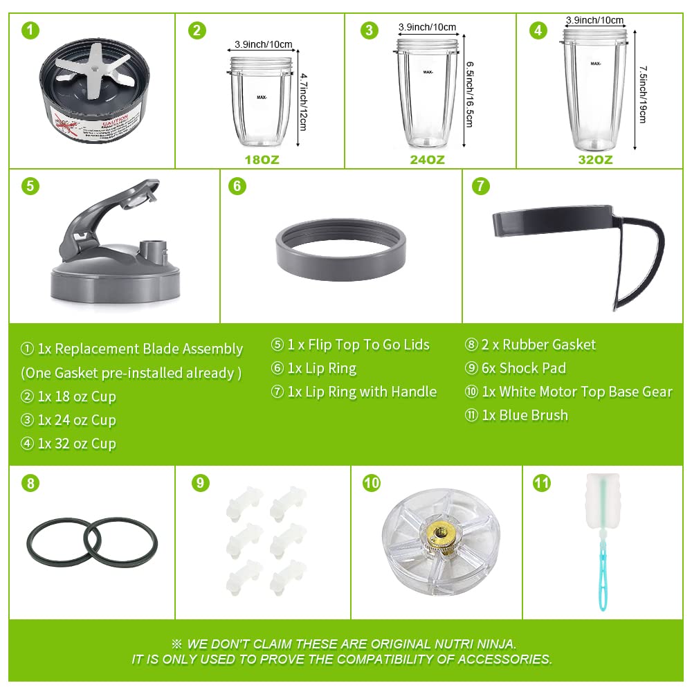 14 PCS Blender Extractor Blade and Cups for NutriBullet 600w and 900w Series, Replacement Parts Gasket Shock Pad and Gear(1 Blade, 3 Cups,1 Lids)