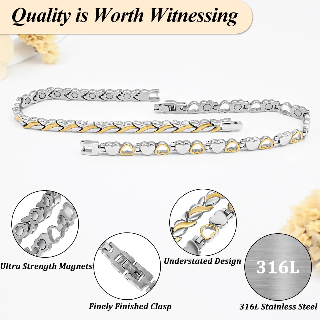 Vicmag Magnetic Bracelets for Women Titanium Steel Bracelet Strong Magnets with Adjustment Tool & Present Box (Silver Gold Fishtail & Love)