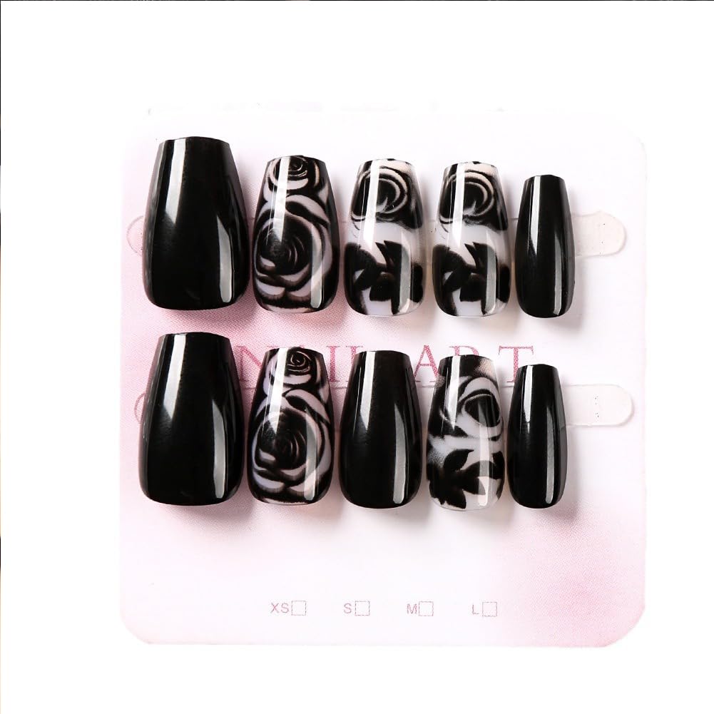 24PCS Black Rose Flower Press on Nails Medium Length Coffin Fake Fingernails Glossy Full Cover Artificial False Nails Kit With Black Rose Designs Fale Nails Nails For Women Girls Manicure