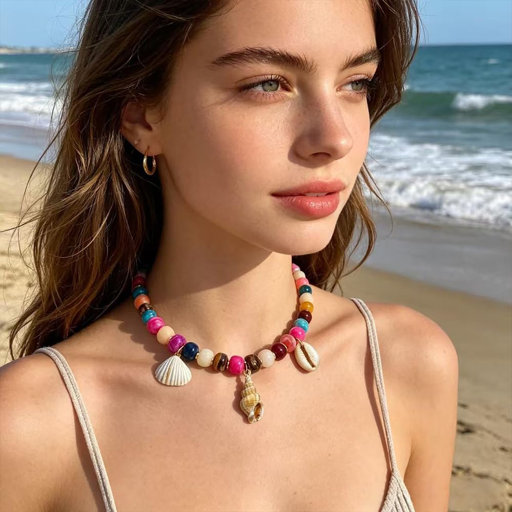 ROYNRAU Chunky Colorful Beaded Necklace for Women-Unique Resin Beads Starfish Shell Charms Pendant Choker Necklaces Boho Statement Summer Vacation Beach Jewelry (Conch-Sharp)