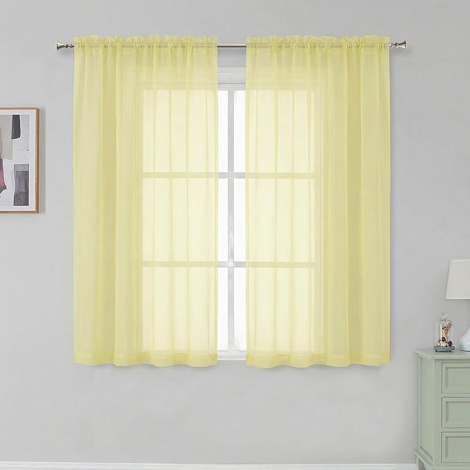 Simplebrand Light Yellow Short Sheer Curtains 45 Inch Length for Small Windows, Rod Pocket 2 Panels Set Solid Voile Drapes Window Sheer Curtains for Bedroom Bathroom Kids Room Kitchen, 42x45 Inch