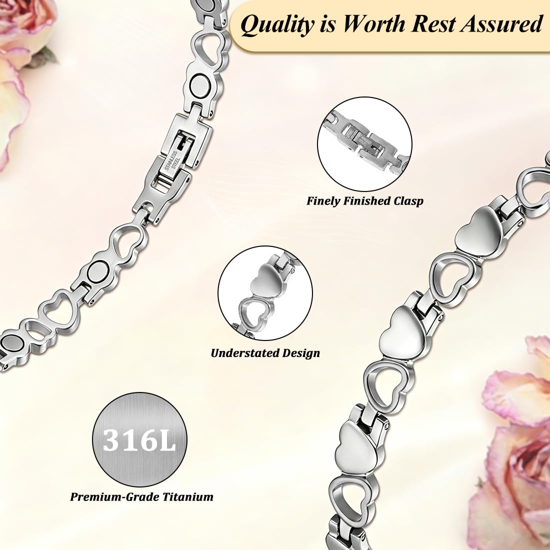 Vicmag Magnetic Bracelet for Women, Titanium Steel Bracelet with Ultra Strength Magnets, Waterproof & Adjustable, Jewelry Gift with Sizing Tool(Silver Heart)