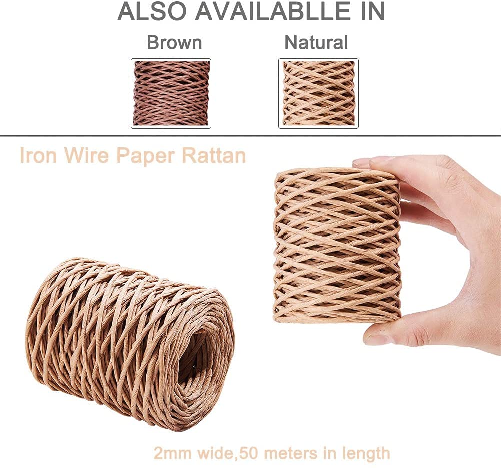 CHGCRAFT 2mm 164ft(50m) Floral Iron Bind Stem Wire Paper Wrapped Rattan Rope Rustic Paper Twine for Flower Bouquets Wedding Gift Wrap Weaving Basket Vase Christmas Decoration, Light Brown