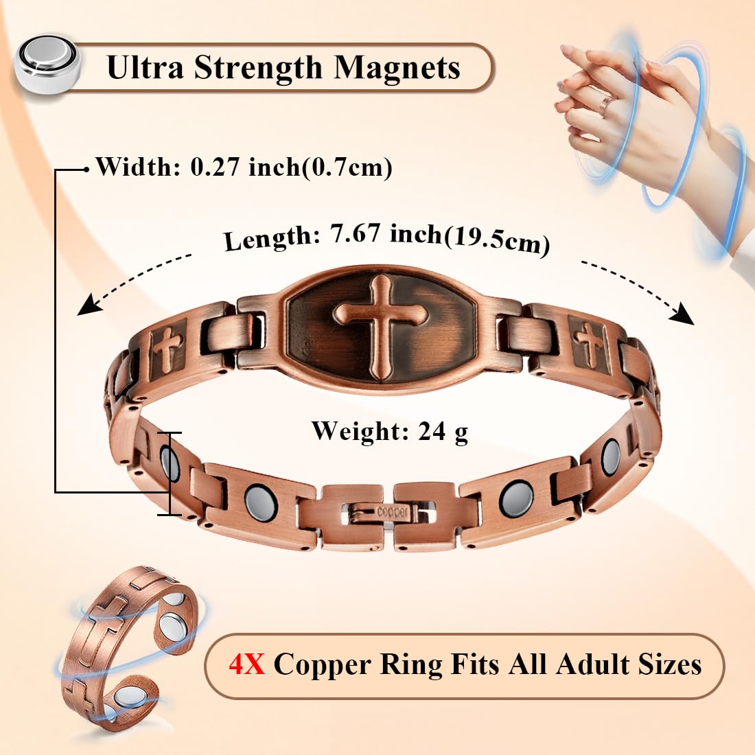 Vicmag Copper Magnetic Bracelet for Women 99.9% Solid Pure Copper Strong Magnets Jewelry Gift Adjustable Length