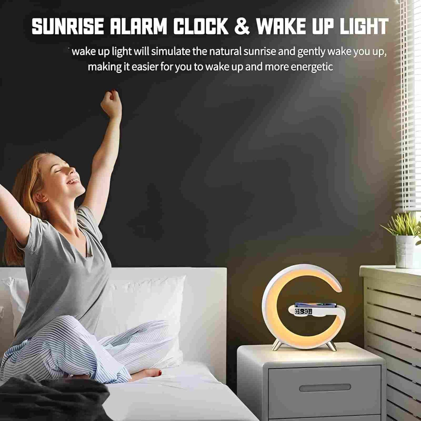 BKDRL Bluetooth Speaker Lamp with Wireless Charger, RGB Night Light, Alarm Clock, App Control - White