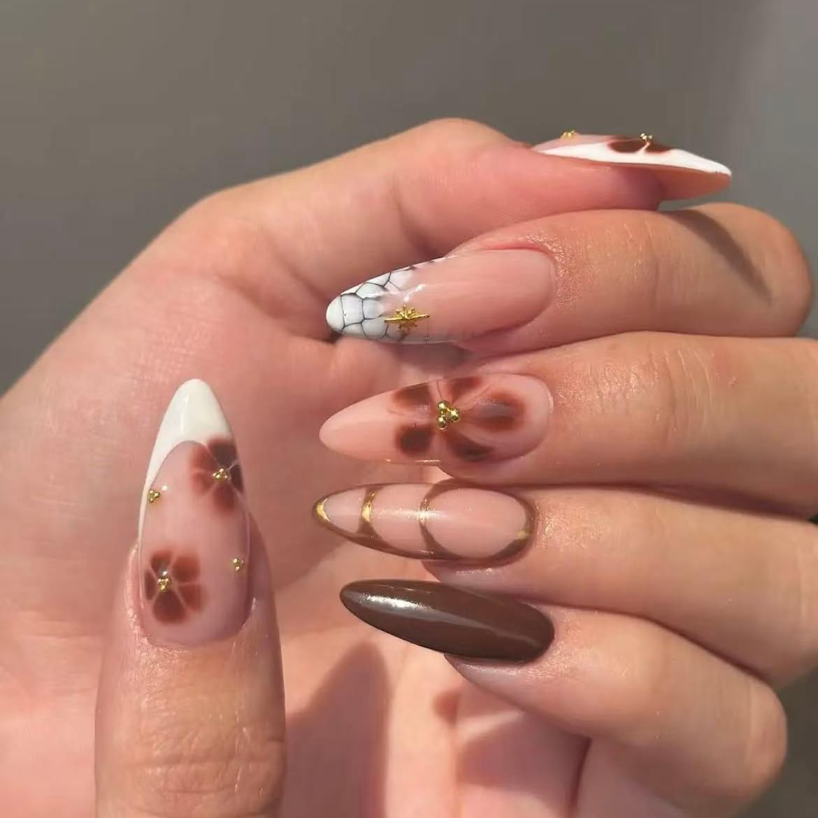 Handmade French Tip Press on Nail Almond Fake ons with Designs Chrome False Nails Long Glossy Full Cover Glue on Nails Stick Women Nails Manicure Decoration 10Pcs (MT-179-M)