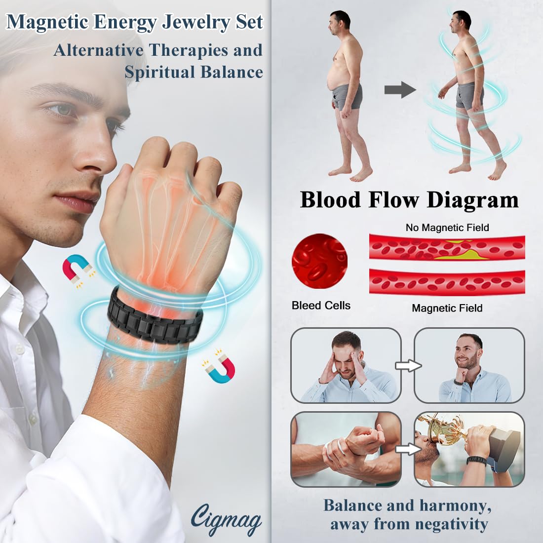 Cigmag Copper Bracelet for Men, Triple Row Magnetic Bracelet with Strength 3800 Gauss Magnets, Adjustable with Sizing Tool (Black)