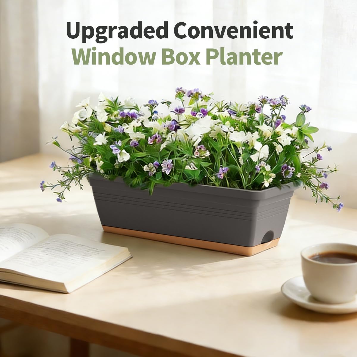 LESOASIS Window Box Planter, 6 Pack Plastic Vegetable Flower Window Planters Boxes 16 Inches Rectangular Flower Pots with Drainage Holes and Saucers (Grey)