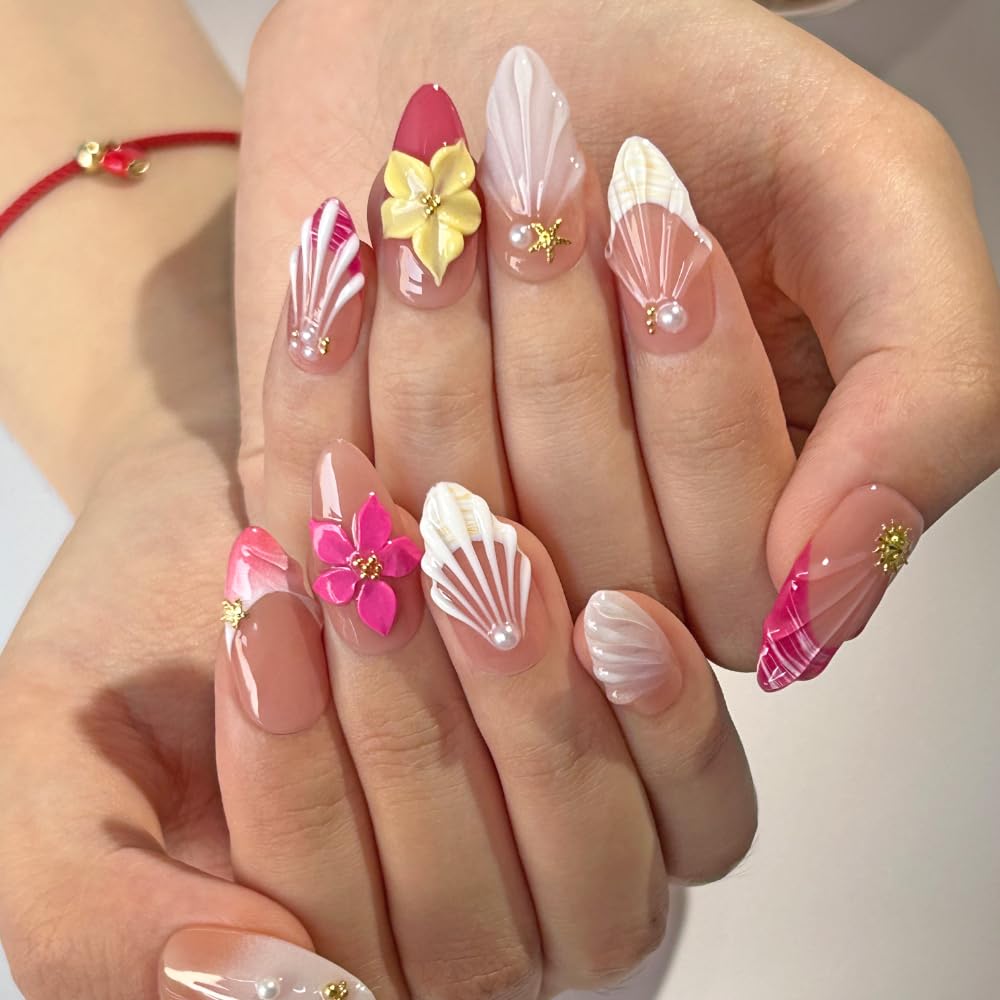 Press On Nails - Luxury Almond 3D False Nails Women Reusable ABS Material Finger Printed Nail Tip French Salon Design Artificial Fingernail (Size S)