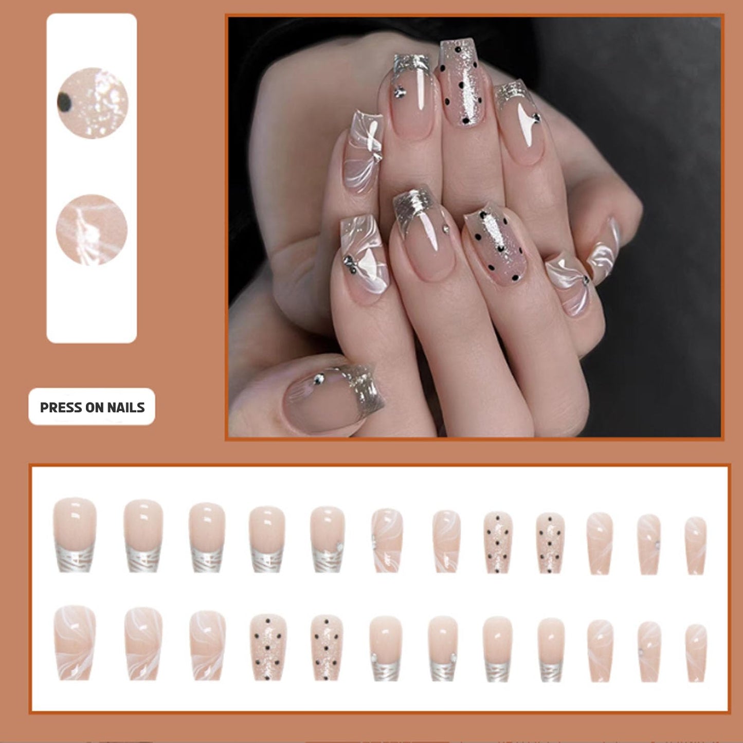 Hkanlre Silver Press on Nails Medium Fake Nails Tips Full Cover French False Square Dot Nails for Women and Girls 24PCS