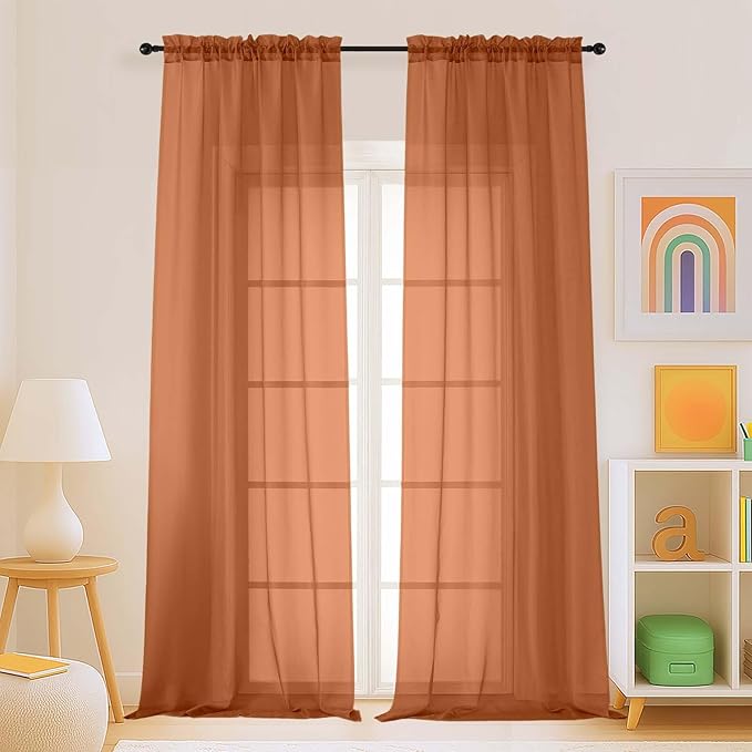 Orange Sheer Curtains for Window 96 Inches Long 2 Panels Set, Soft Airy Light Filtering Voile Sheer Curtains for Living Room Bedroom, Dual Rod Pocket Elegant Window Drapes, 2x42Wx96L Inches
