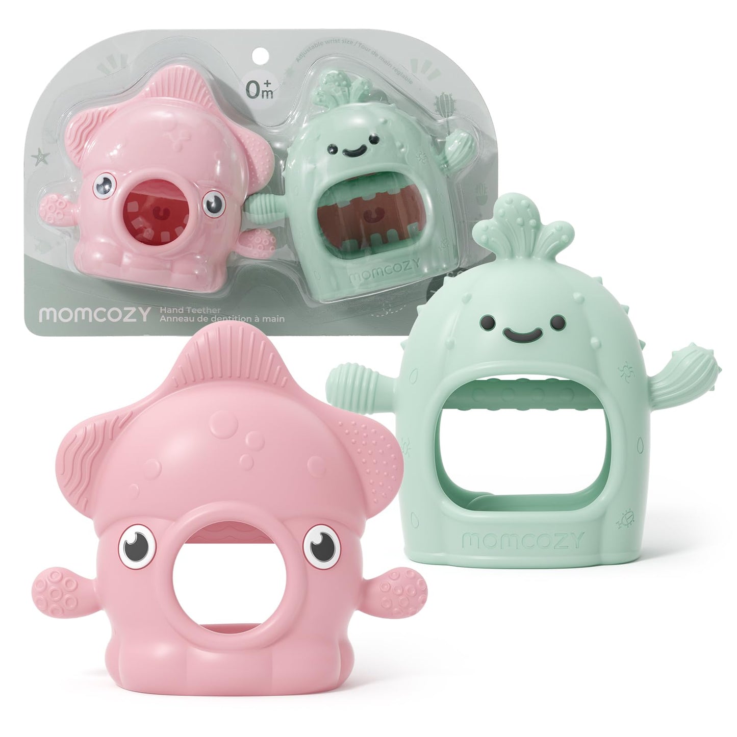 Momcozy 2 Pack Baby Teething Toys, Food Grade Silicone Baby Teether for 0-6 6-12 Months, Anti-Drop Wrist Mitten Set, Baby Essentials Teething Relief, 200°C Sterilizer Safe， Pink & Mint Green