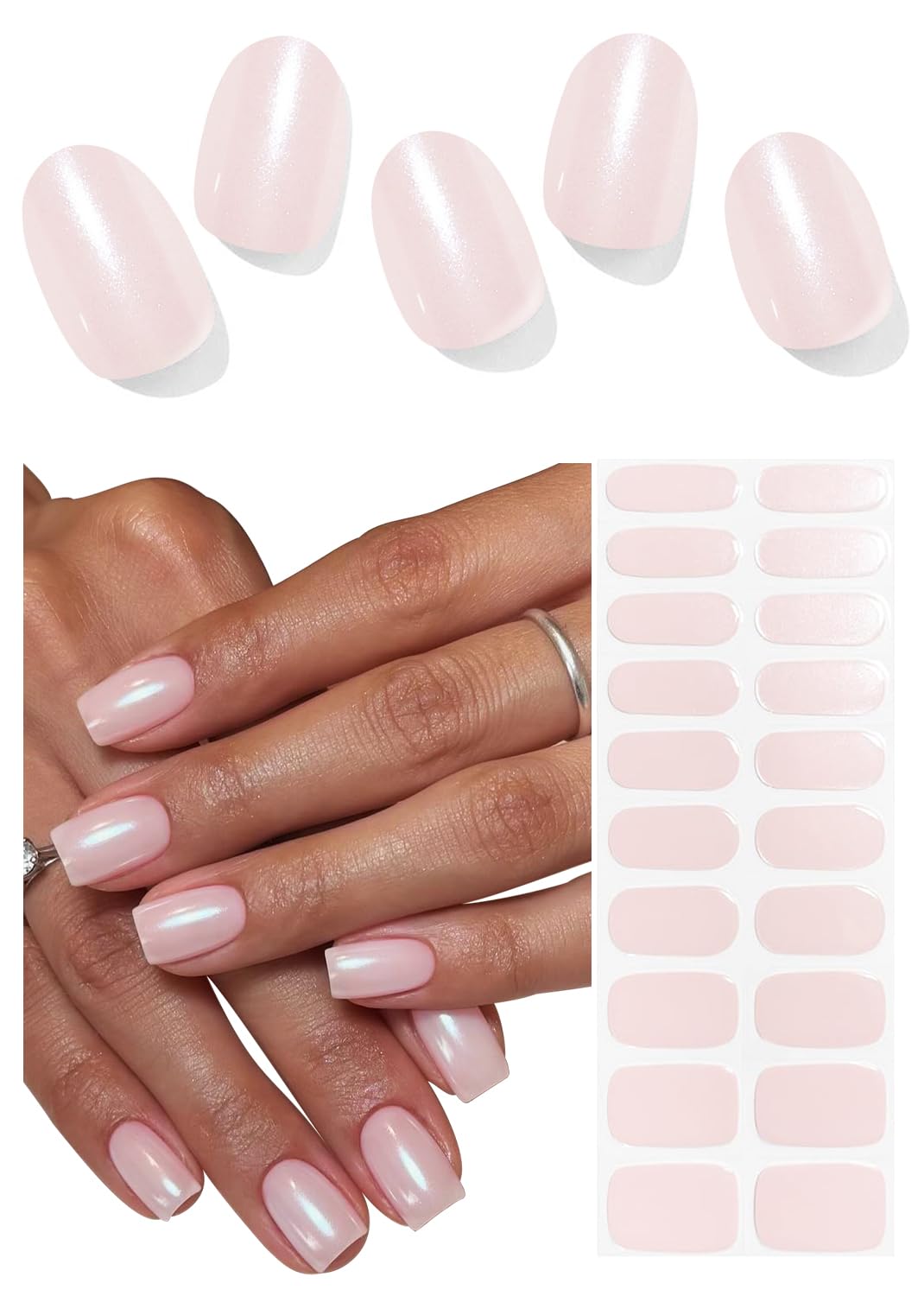 Wahrshei Semi Cured Gel Nail Strips, 20pcs Pink Pearl Shimmer UV Nail Stickers, Stick on Nail Wraps for Home Nails DIY