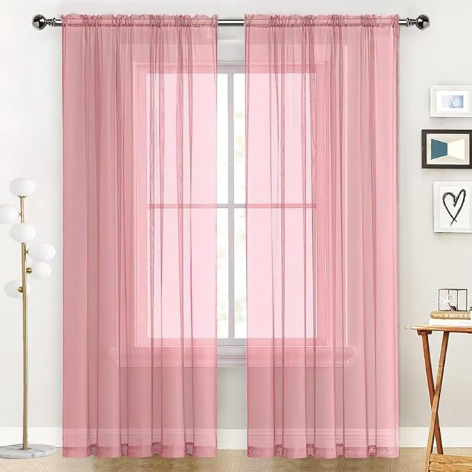 SpaceDresser Sheer Voile Window Treatment Rod Pocket Curtain Panels for Kitchen Bedroom Living Room Drapes Sunlight Filtering Privacy Semi Home Decor Assorted Colors Sizes (Blush, 52 W x 45 L)